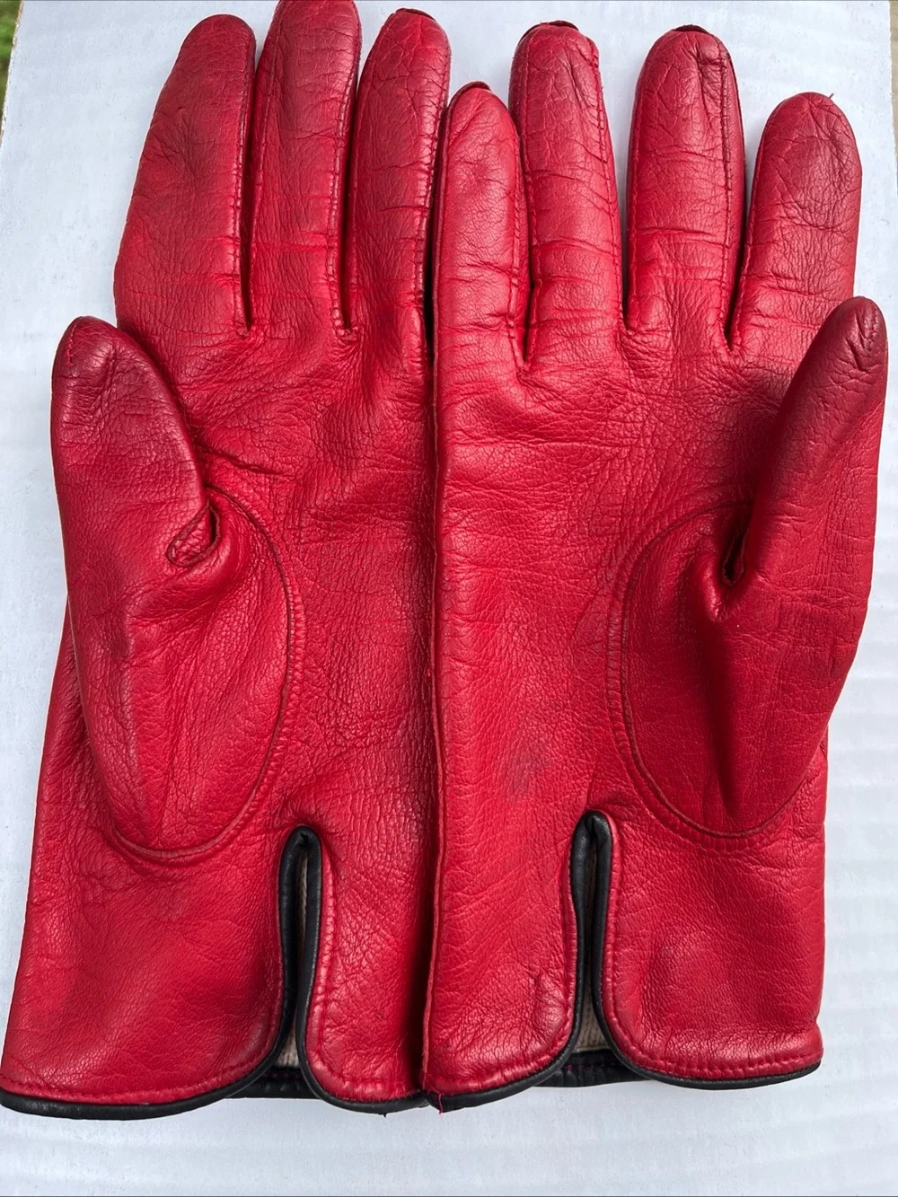 Classic Red Leather Women's Driving Gloves with Unique Black trim